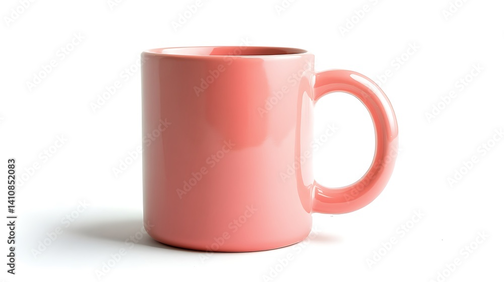 A pink ceramic mug with a C-shaped handle, isolated on a bright white background, showcasing its glossy finish and cylindrical shape
