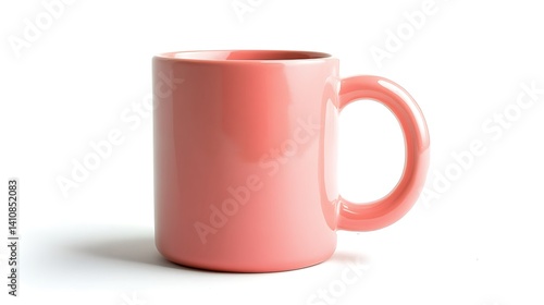 Obraz na płótnie A pink ceramic mug with a C-shaped handle, isolated on a bright white background, showcasing its glossy finish and cylindrical shape w salonie