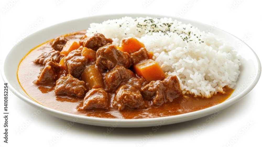 A plate of delicious beef curry, isolated on a white background, highlighting its vibrant color and savory appeal