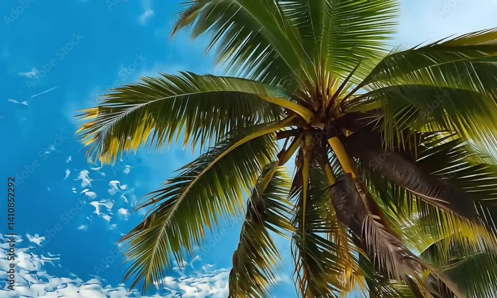 Low-Angle View of Lush Palm Tree Against Vivid Blue Sky Low-Angle View of Lush Palm Tree Against Vivid Blue Sky