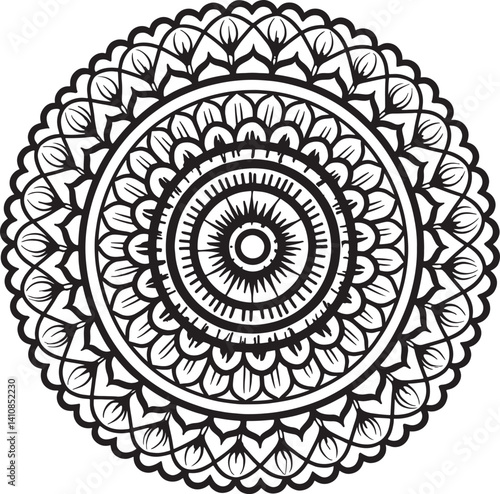 round ornamental round lace, Beautiful Lotus-Inspired Mandala Line Drawing for Wall Art and Zentangle Creations