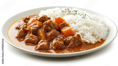 Obraz na płótnie A plate of delicious beef curry, isolated on a white background, highlighting its vibrant color and savory appeal w salonie
