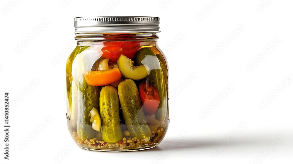 A product photo of a pickle jar, isolated on a white background, emphasizing its clear glass and vibrant contents.