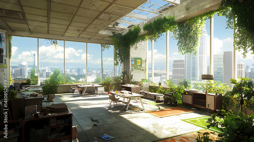 Fototapeta premium Abandoned Pixelated Office Building With Lush Vegetation