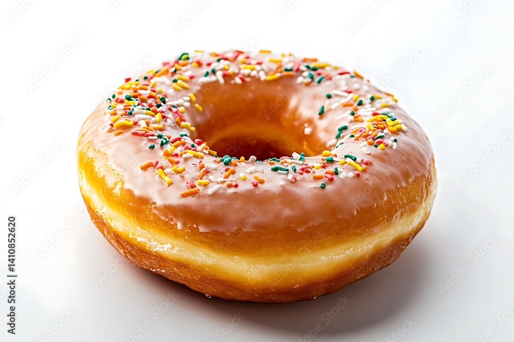 A professional food photography shot of a donut, isolated on a white background, showcasing its perfect glaze