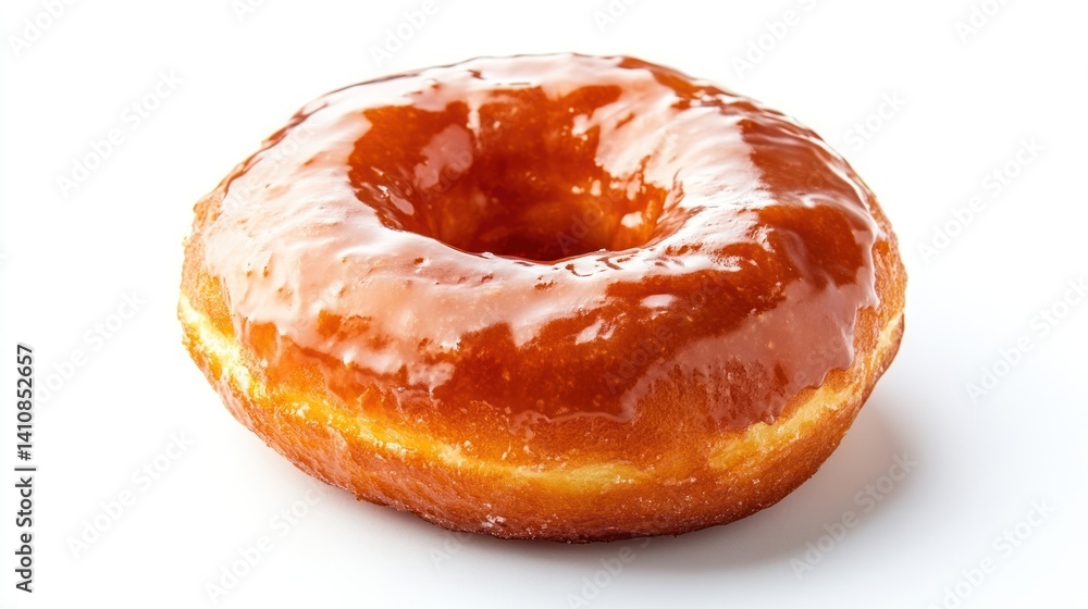 A professional food shot of a perfectly glazed donut, isolated on a white background, showcasing its irresistible texture and sheen
