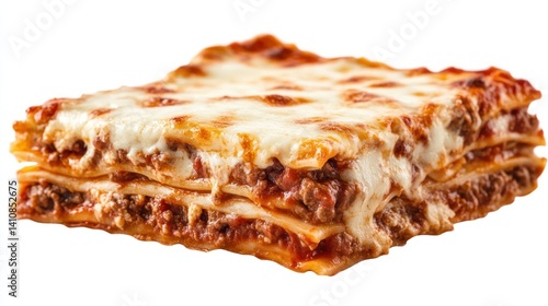 A professional shot of traditional Italian beef lasagna, with rich layers and melted cheese, isolated on a pure white background