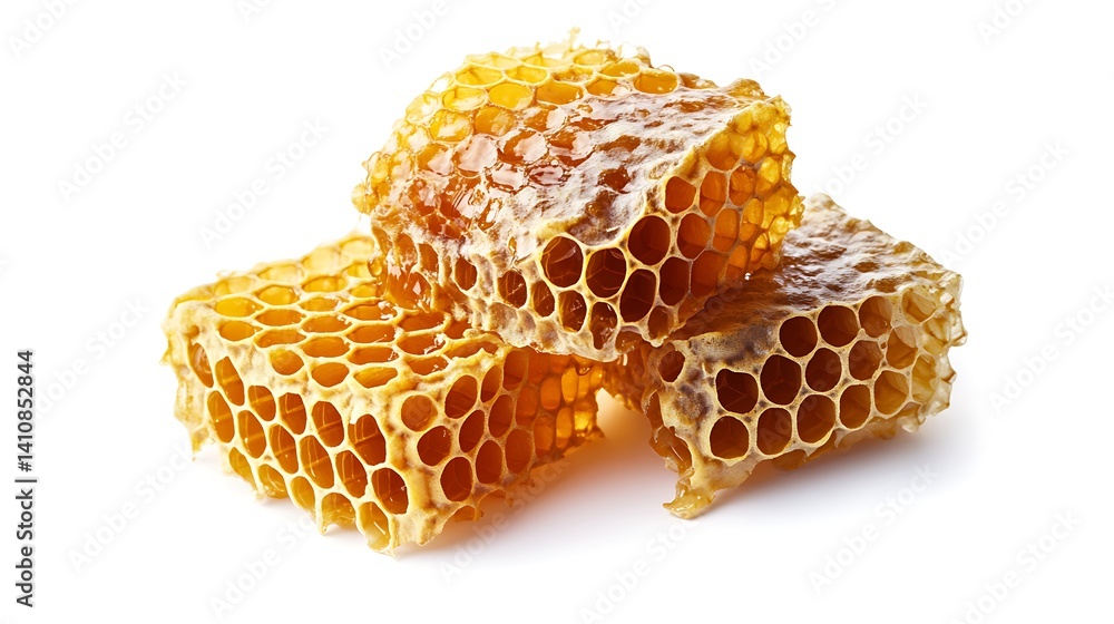 A realistic illustration of honeycomb, isolated on a white background, showcasing natural textures with a photorealistic finish.