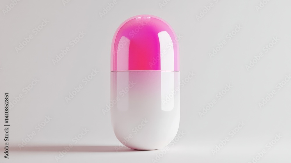 A realistic pink and white capsule, isolated on a white background, showcasing its clean pharmaceutical design.