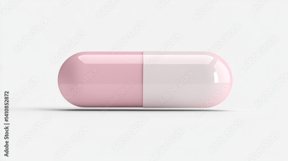 A realistic pink and white capsule, isolated on a white background, showcasing its clean pharmaceutical design.