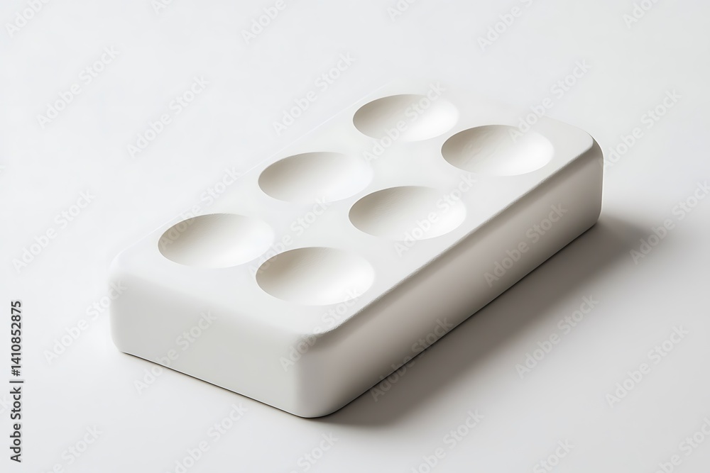 A rectangular white object with six circular indentations, isolated on a white background, highlighting its minimalist design.