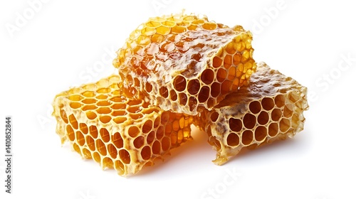 Obraz na płótnie A realistic illustration of honeycomb, isolated on a white background, showcasing natural textures with a photorealistic finish. w salonie