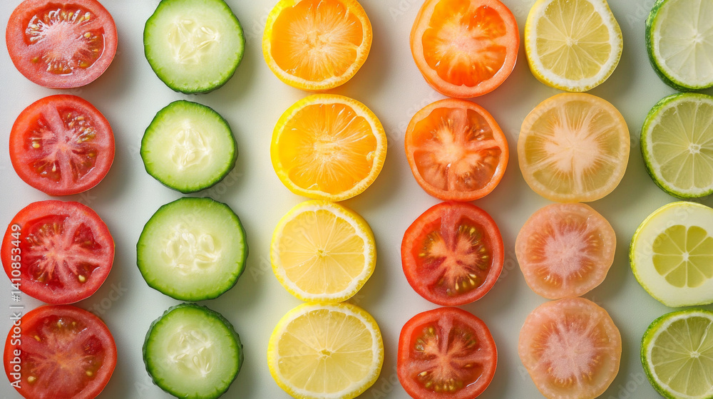 A wide-angle view captures a meticulously arranged grid of sliced tomatoes, cucumbers, and lemons displayed on a neutral surface, showcasing an array of colors and textures. A wide-angle view captures a meticulously arranged grid of sliced tomatoes, cucumbers, and lemons displayed on a neutral surface, showcasing an array of colors and textures.