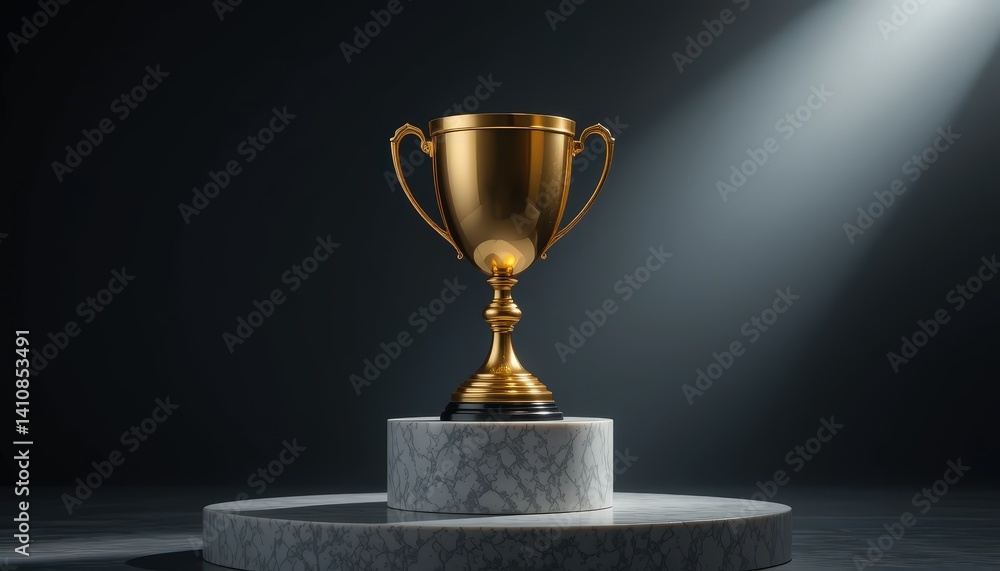Shiny Gold Trophy on a Marble Pedestal Illuminated by Soft Light in a Dark Setting Shiny Gold Trophy on a Marble Pedestal Illuminated by Soft Light in a Dark Setting