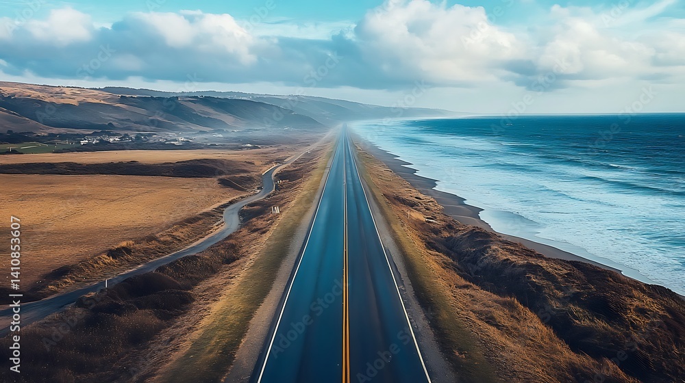 A road stretching into the horizon, with the beach and ocean on one side, offering a scenic drive by the coast.