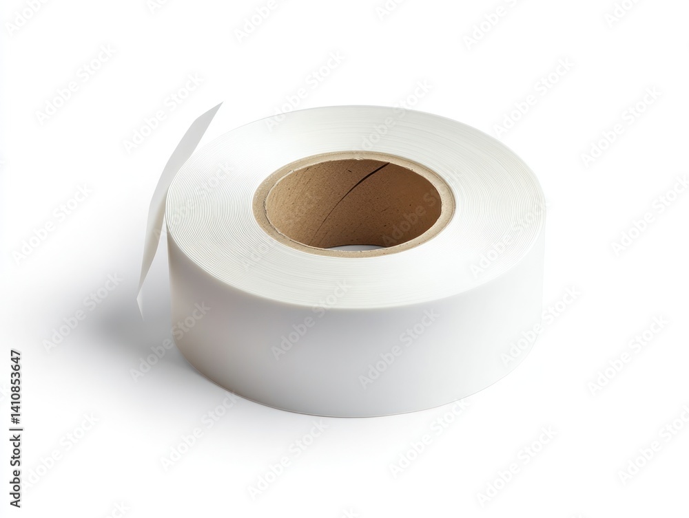 A roll of white adhesive tape, isolated on a white background, with a floating effect to emphasize its simple, functional design