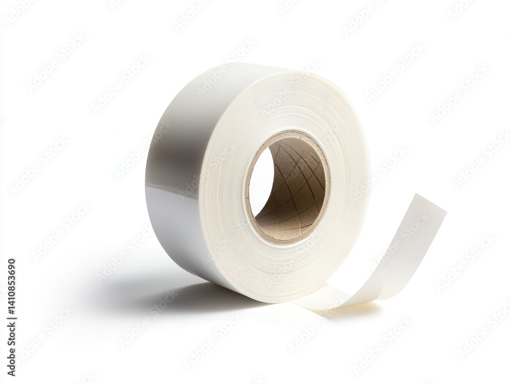 A roll of white adhesive tape, isolated on a white background, with a floating effect to emphasize its simple, functional design
