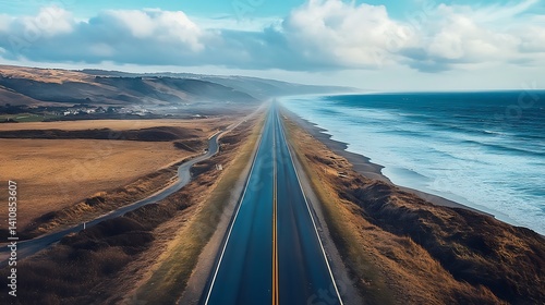 Obraz na płótnie A road stretching into the horizon, with the beach and ocean on one side, offering a scenic drive by the coast. w salonie