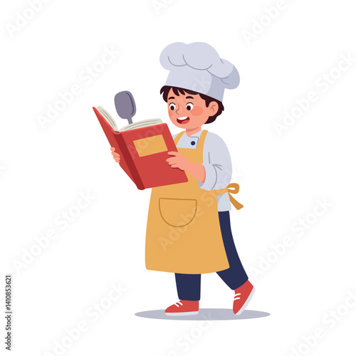 Young boy in chef hat and yellow apron reading cookbook with smile, minimal flat design vector illustration showing enthusiasm for cooking in bright, cheerful kitchen setting