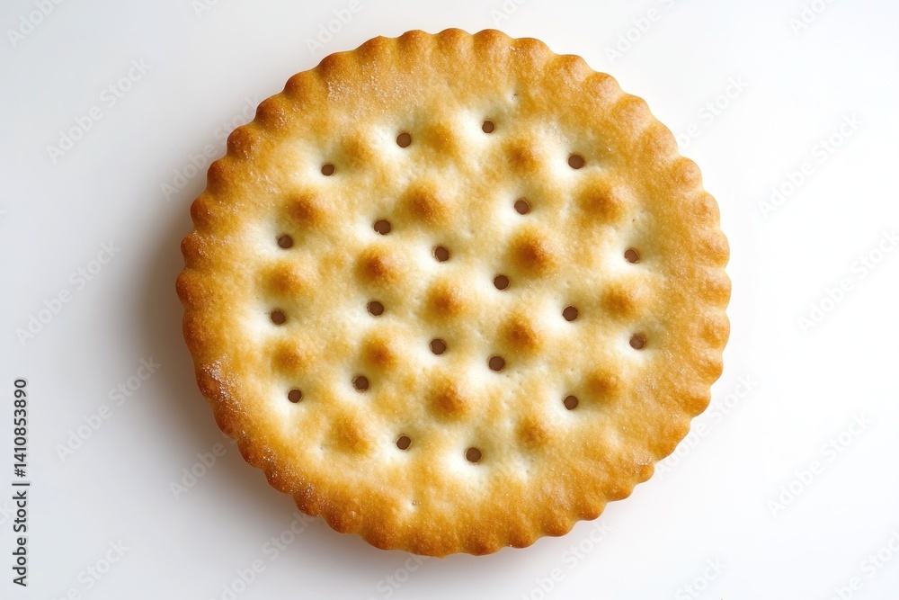 A round cracker, its holes clearly visible, isolated on a white background to highlight the texture