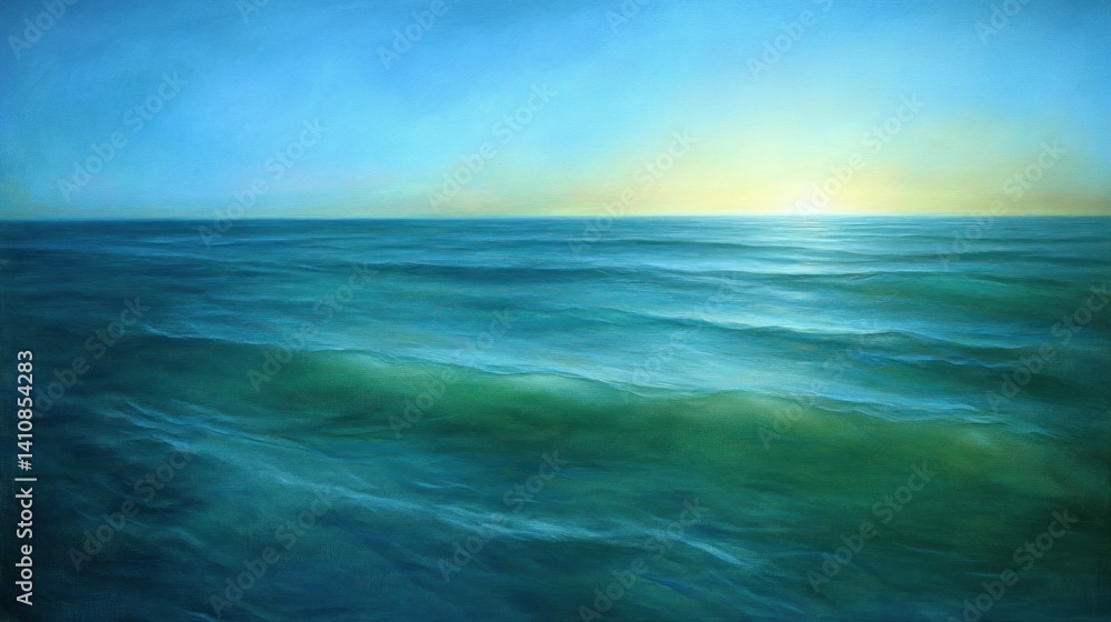 Obraz premium Serene ocean sunrise, tranquil waves at dawn.