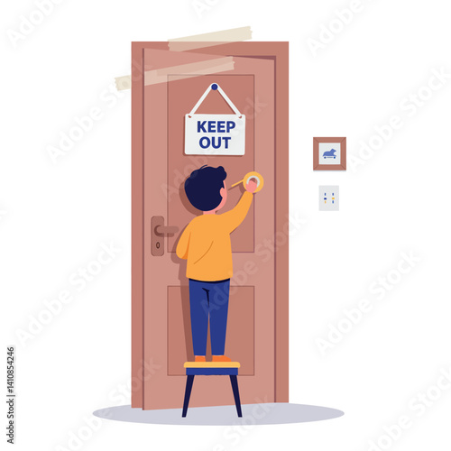 Young boy in yellow sweater standing on stool knocking on closed door with keep out sign flat minimal vector illustration