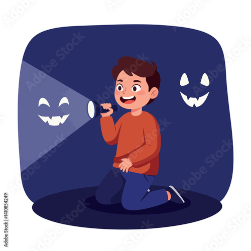 Young boy kneeling in dark room with playful expression shining flashlight creating monster shadows flat minimal vector illustration vector art