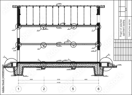 Vector architectural engineering construction
private residential building drawing,
floor plan, stairs, roof, foundation, 
dimensional lines. Blueprint of multistory
suburban cottage on sheet of paper