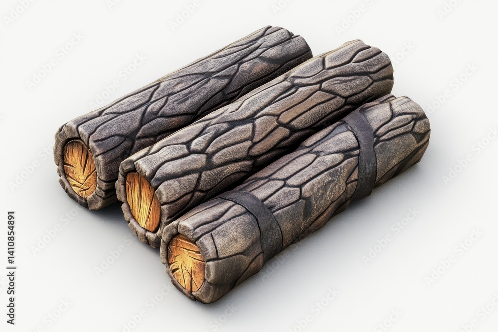 A set of campfire logs, isolated on a white background, perfect for a rustic-themed product display.