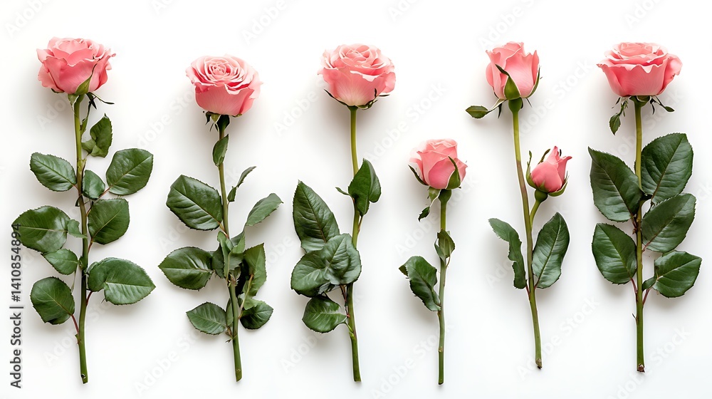 A set of beautiful pink roses with lush green leaves, isolated on a white background, perfect for floral photography.