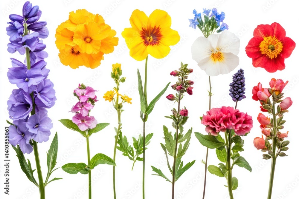 A set of garden flowers, isolated on a white background, vibrant colors adding life to the product shot.