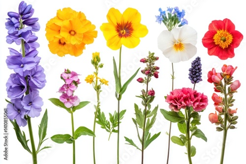 Obraz na płótnie A set of garden flowers, isolated on a white background, vibrant colors adding life to the product shot. w salonie