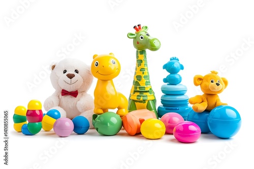 A set of kid toys, ranging from plush to plastic, isolated on a white background