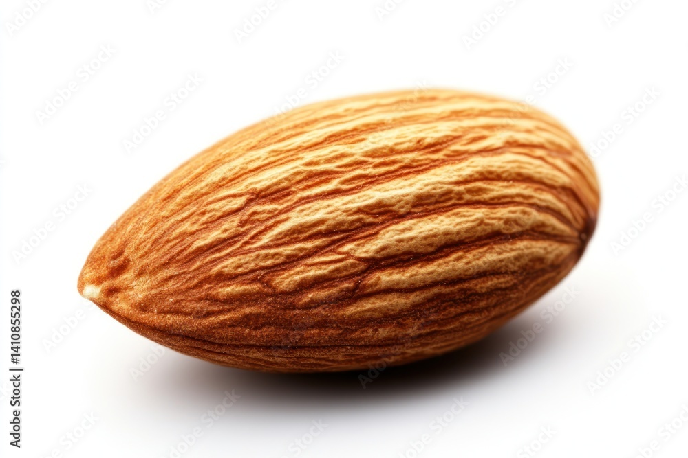 A single almond nut, captured in stunning close-up, isolated on a white background to highlight its texture and detail