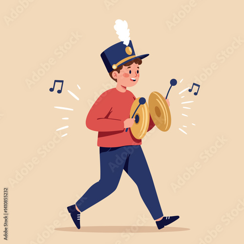 Young boy in festive marching band uniform playing cymbals with cheerful expression, flat minimal design, lively parade atmosphere vector illustration