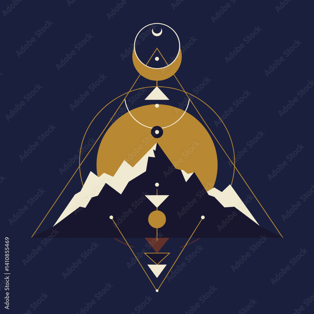 Geometric mountain landscape in gold and white on dark background Esoterics