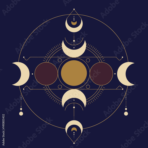 Moons and Circles in Gold and Maroon on Dark Background  Esoterics