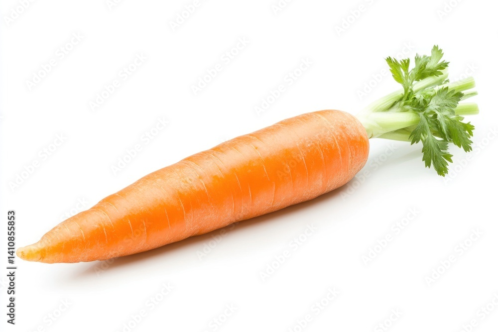 A single fresh orange carrot, isolated on a white background, showcasing its rich orange color and smooth texture