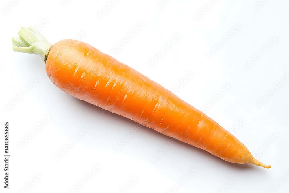 A single fresh orange carrot, isolated on a white background, showcasing its rich orange color and smooth texture