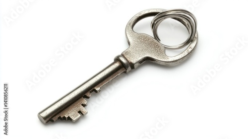 Obraz na płótnie A single metal key on a keyring, isolated on a white background, symbolizing security and access w salonie