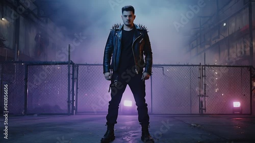 A young man in a spiked leather jacket stands confidently in a moody, industrial setting.