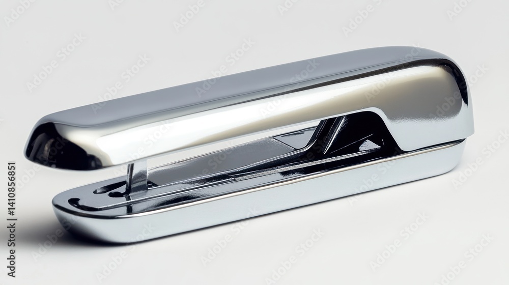 A sleek chrome stapler, isolated on a white background, featuring a white background to highlight its metallic shine