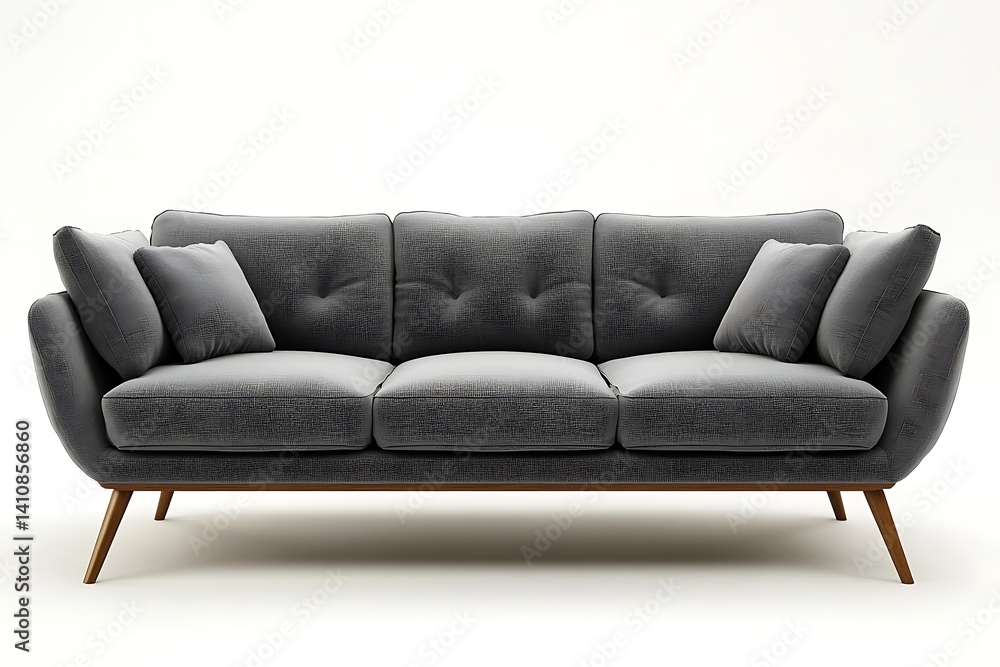 A sleek gray sofa with sharp lines, slim wooden legs, and soft cushions, isolated on a pristine white background for a modern look