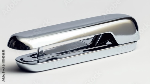 Obraz na płótnie A sleek chrome stapler, isolated on a white background, featuring a white background to highlight its metallic shine w salonie