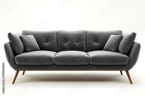 Obraz na płótnie A sleek gray sofa with sharp lines, slim wooden legs, and soft cushions, isolated on a pristine white background for a modern look w salonie