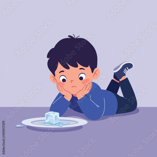 Young boy in blue clothing lying on floor observing melting ice cube on white plate in flat minimal vector art scene with curious thoughtful atmosphere