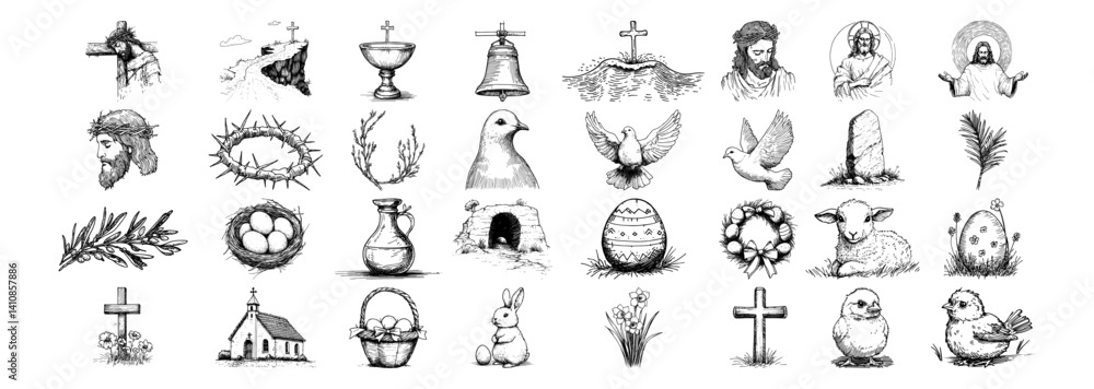 christian easter icons with jesus, cross, resurrection, lamb, dove, church and crown of thorns vector hand drawn doodle ink sketch christian easter icons with jesus, cross, resurrection, lamb, dove, church and crown of thorns vector hand drawn doodle ink sketch
