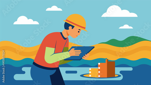 A geologist zooming in on a data layer showing the depth and distribution of groundwater in a given area.. Vector illustration