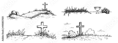 christian resurrection scenes with cross, tomb, crown of thorns and chalice vector hand drawn doodle ink sketch