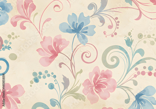 Wallpaper Mural Floral Watercolor Seamless Pattern Pastel Flowers, Swirls, Leaves, and Decorative Design for Prints and Backgrounds. Torontodigital.ca